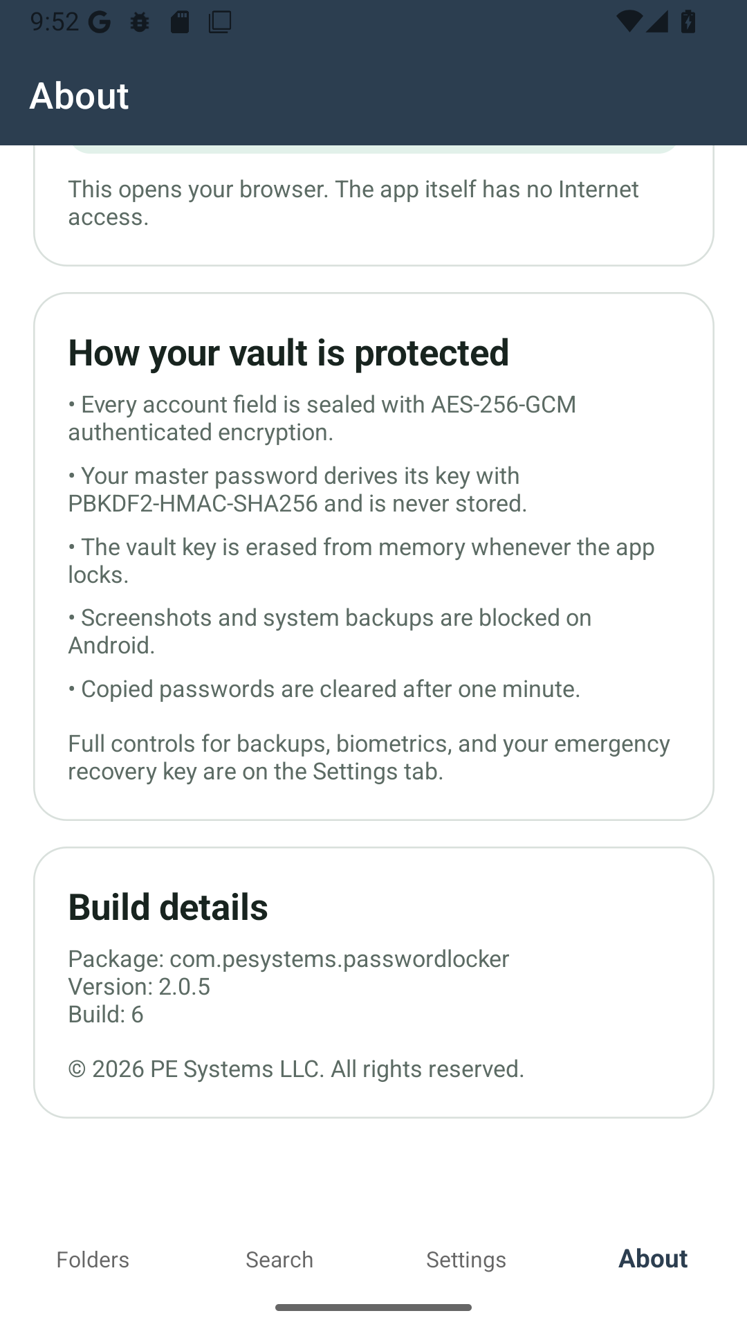 The About tab explaining how the vault is protected, listing the encryption and key handling details