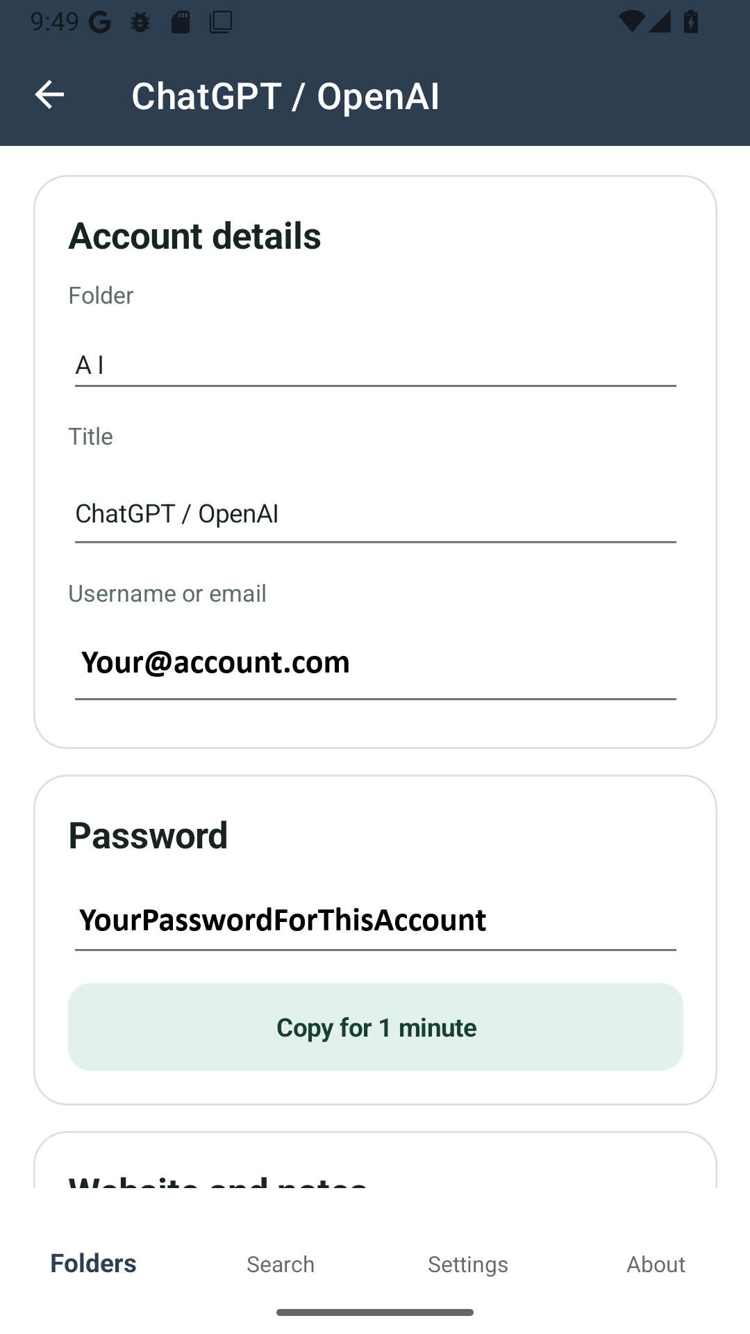 The account screen showing Folder, Title, Username or email, the password field and a Copy for 1 minute button