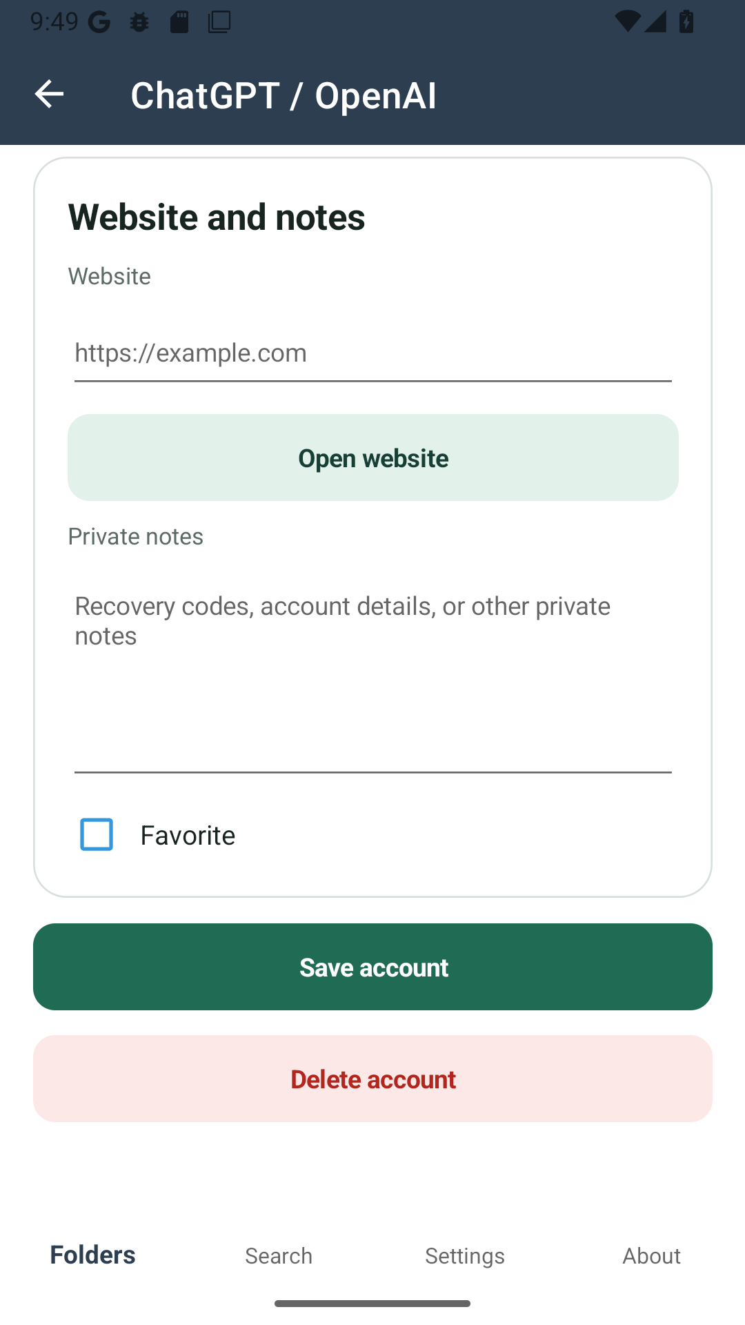 The lower half of the account screen with Website, Open website, Private notes, a Favorite checkbox, Save account and Delete account