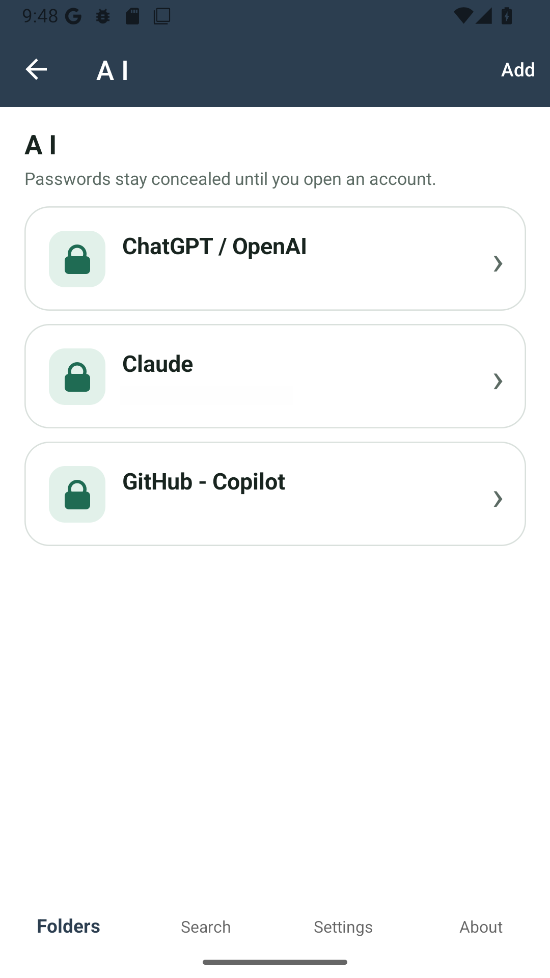 An open folder listing account entries, each with a lock icon and concealed password