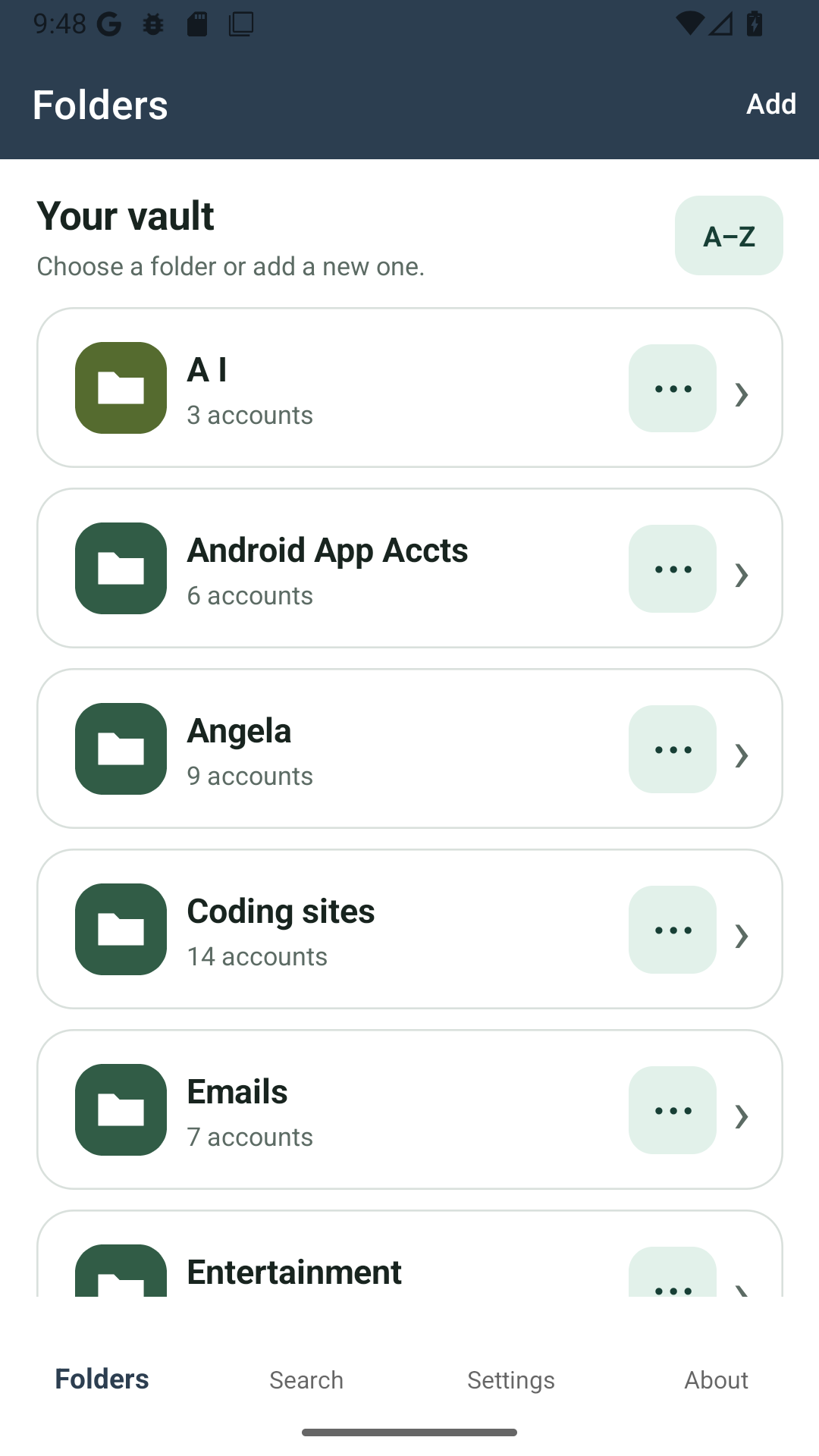 The Folders tab showing a vault of folders, each with an account count, a three-dot menu and a chevron
