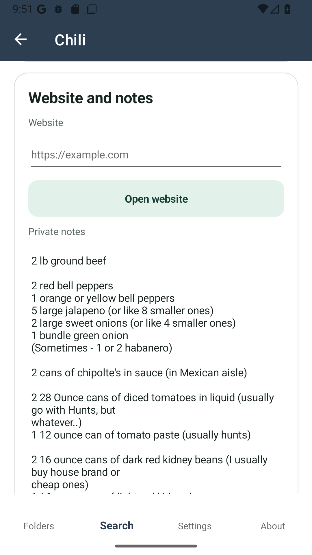 An entry titled Chili whose private notes contain a full recipe ingredient list