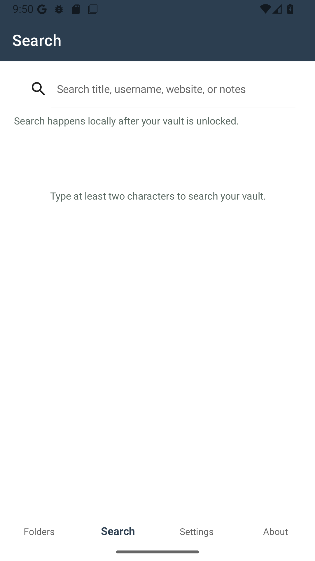 The empty Search tab prompting you to type at least two characters