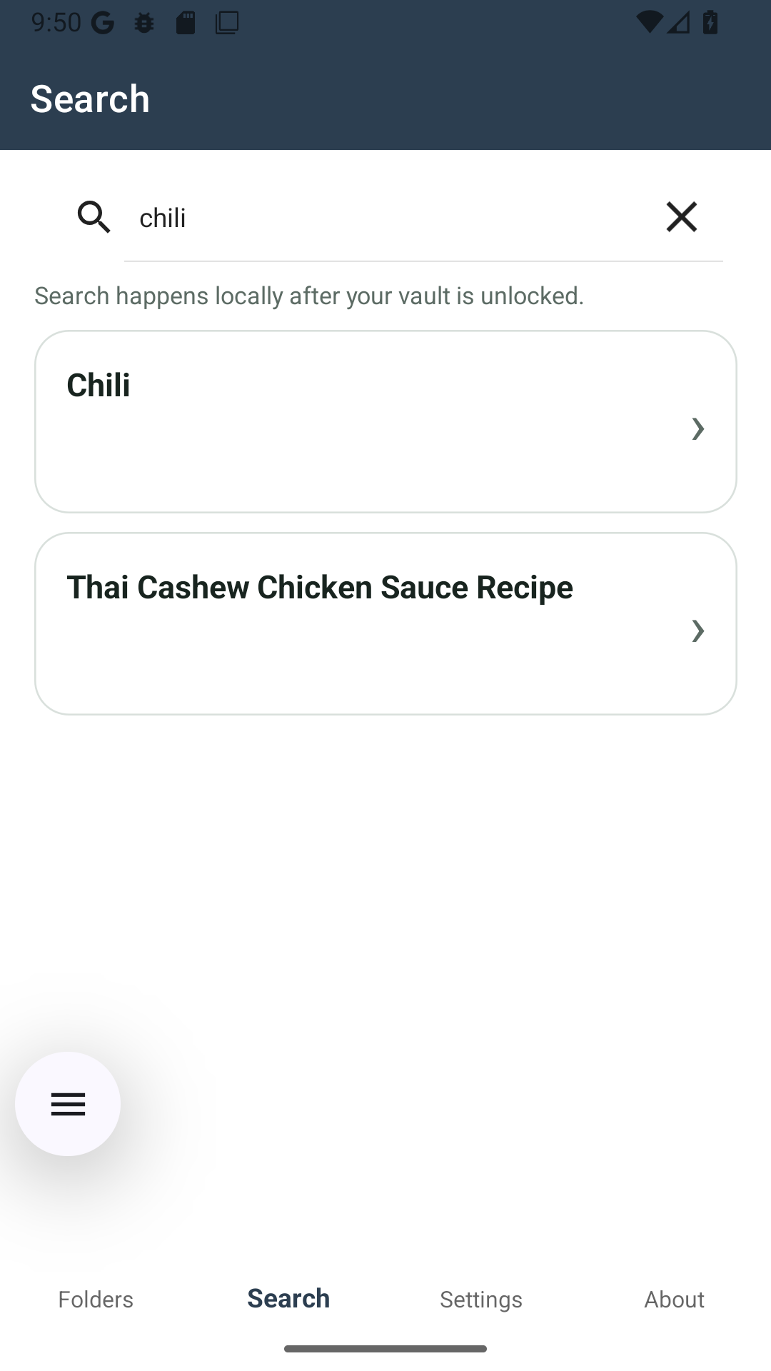 Search results matching a query, drawn from across every folder
