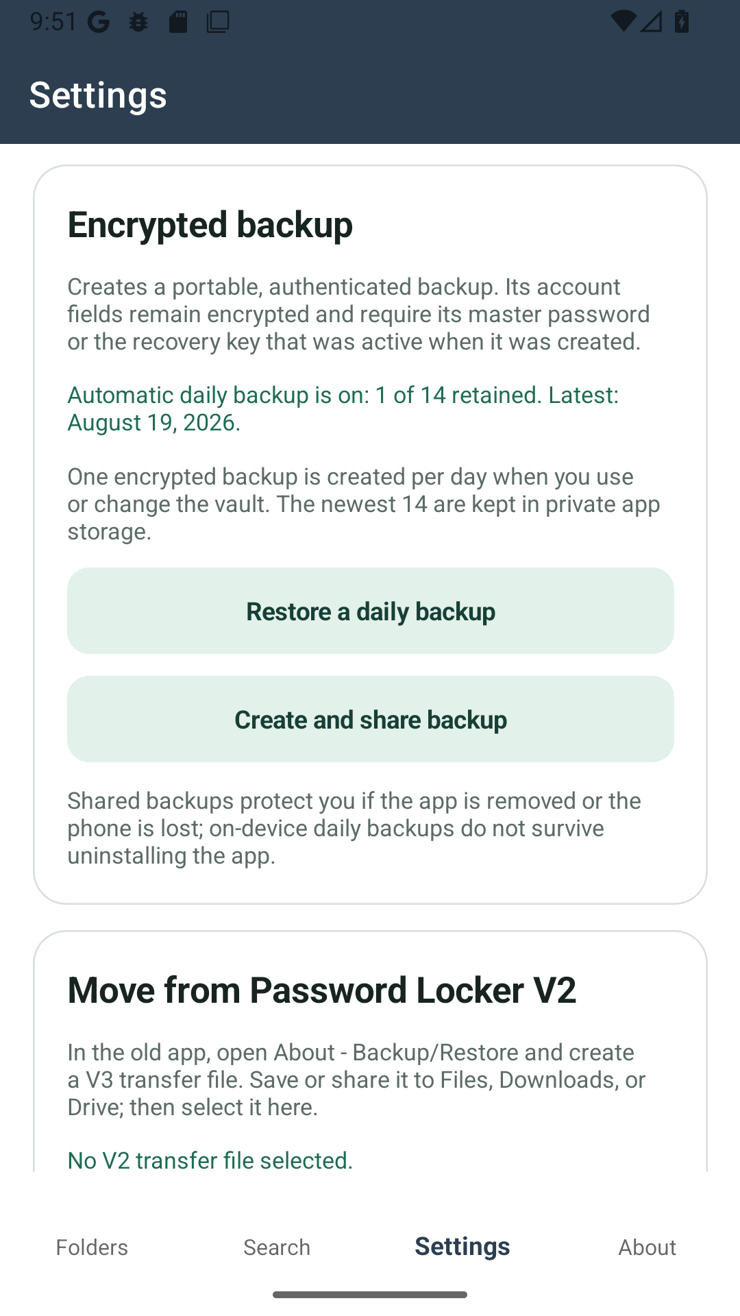 Settings showing Encrypted backup with daily backup status, Restore a daily backup, Create and share backup, and the Move from Password Locker V2 section