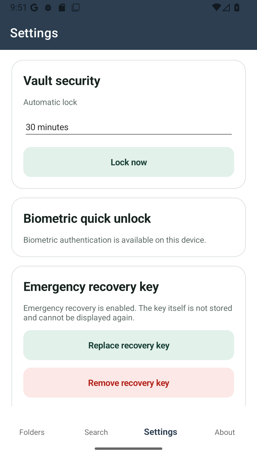 Settings showing Vault security with automatic lock and Lock now, Biometric quick unlock, and Emergency recovery key options