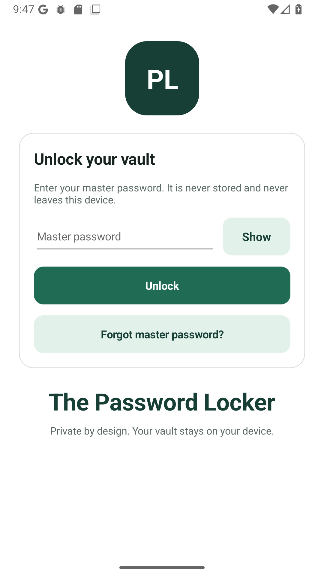 The Password Locker unlock screen with the master password field, Show button, Unlock button and a Forgot master password link