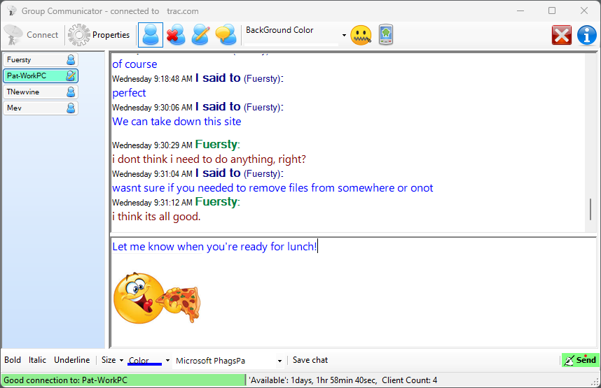 GComm desktop client showing multi-recipient chat and file share